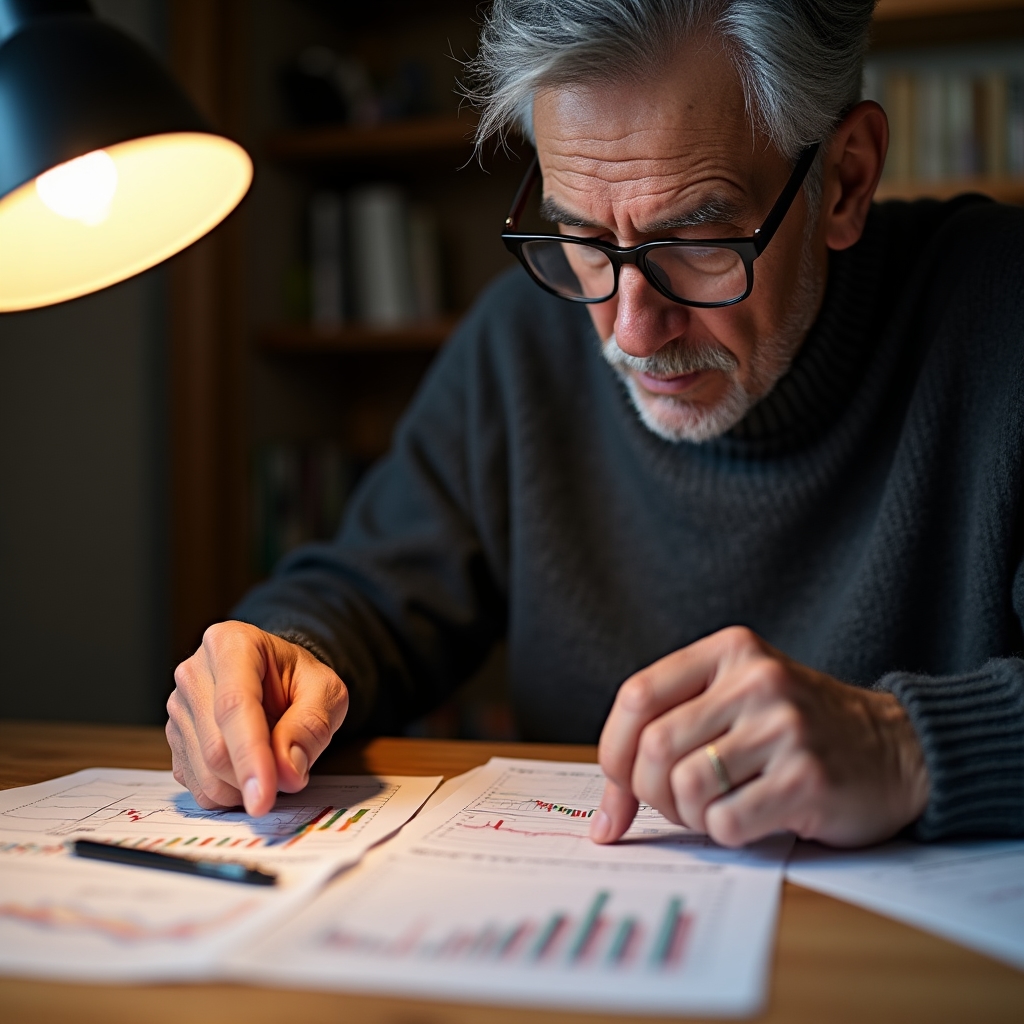Persona che analizza grafici e calcoli relativi alla pensione contributiva su un tavolo luminoso